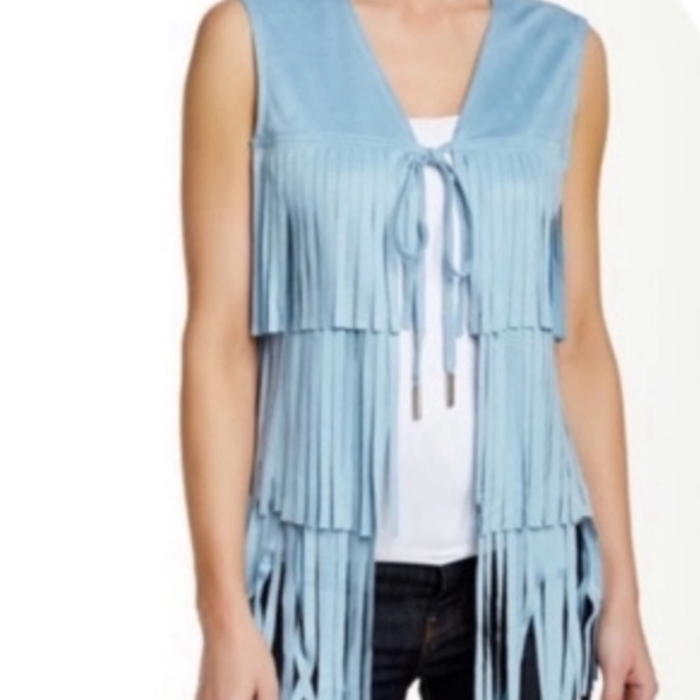 Love Token Stuart Fringe Vest in Dream Blue XS Suede Front Tie Baby Blue Preppy